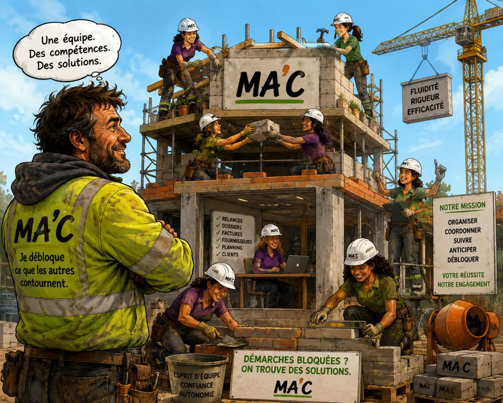 Dessin : l'équipe MA’c au travail sur un chantier, autour de la mission organiser, coordonner, suivre, anticiper, débloquer.