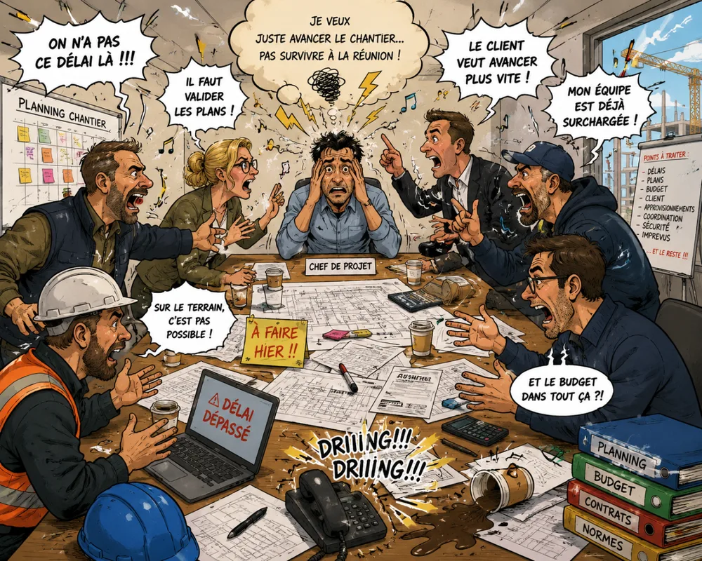 Dessin : une réunion de chantier qui vire au chaos, tout le monde parle en même temps et rien n'avance.